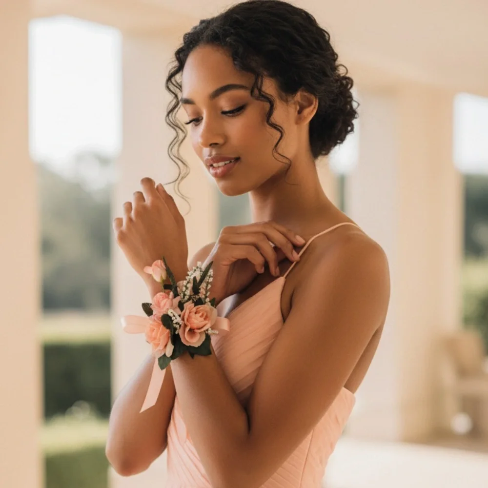 Elegant Peach artificial Floral wristband corsage or pin on corsage Arrangement